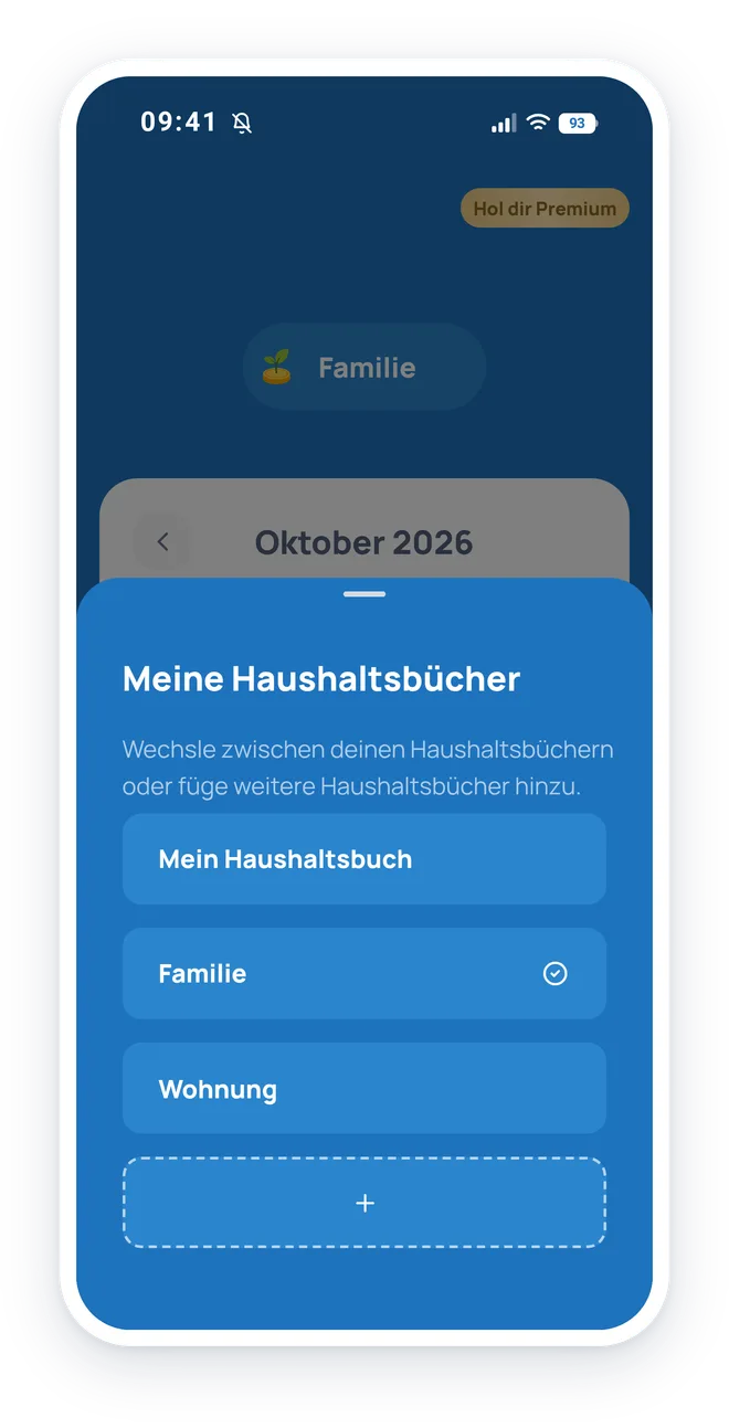 Mehrere Haushaltsbücher in der App: „Persönlich“, „Familie“ und „Haushalt“ nebeneinander